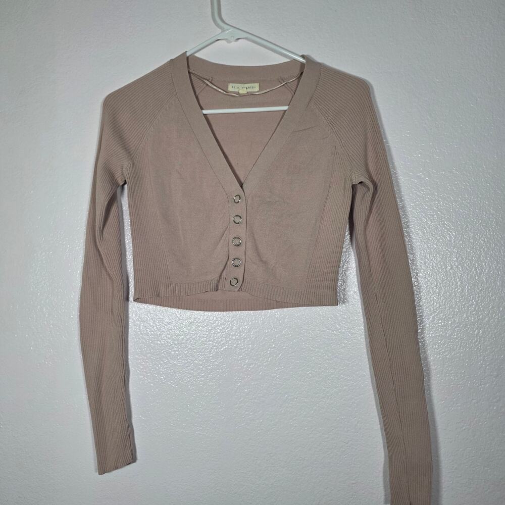 LA Hearts Ribbed Crop Top V Neck Button Front Long Sleeve Taupe XS